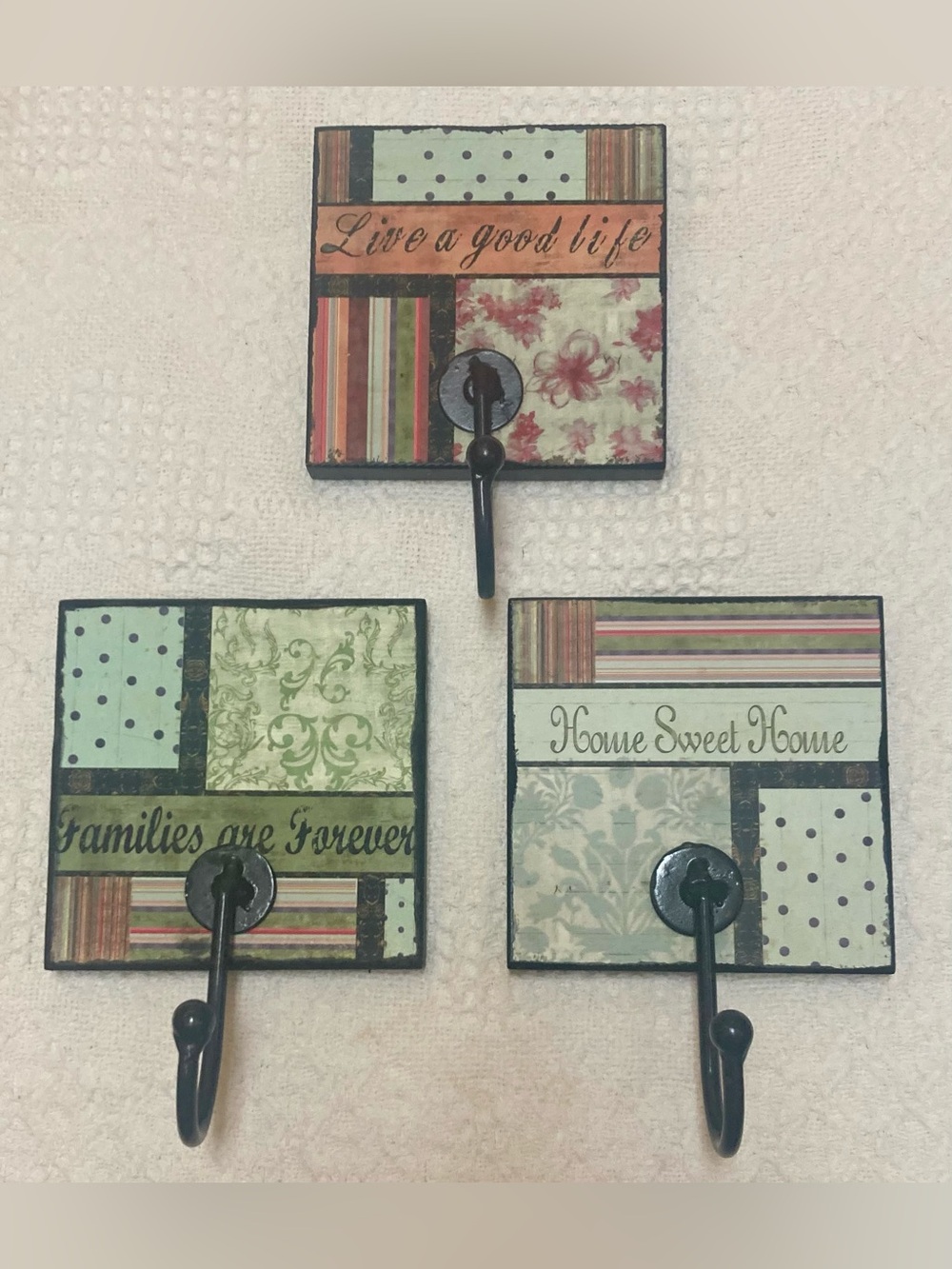 Set of 3 Patchwork Decorative Wall Hooks - Green, Cream & Coral Each 5x5x3/4”